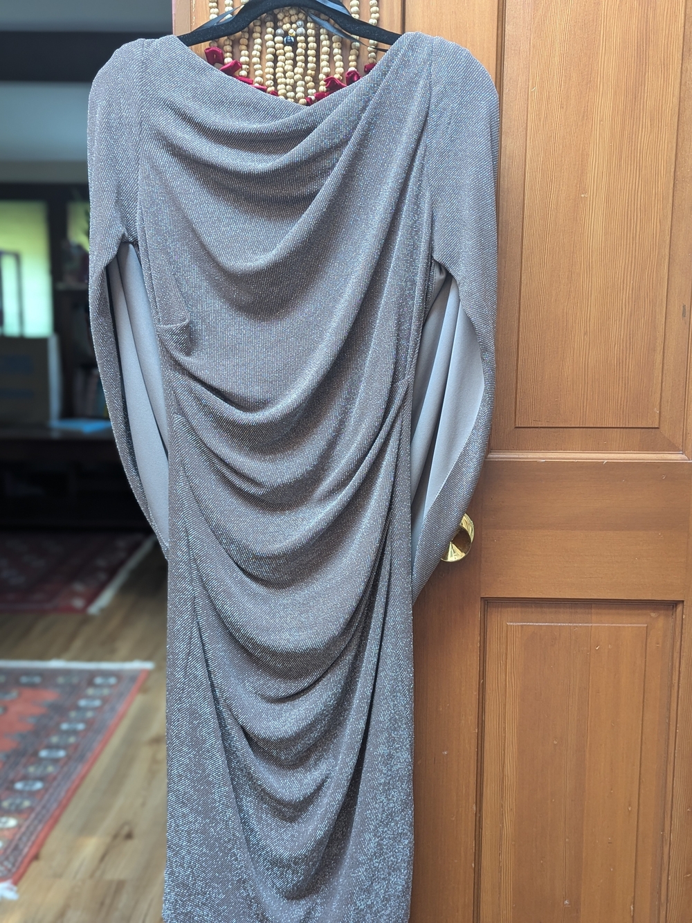 Metallic Gray Draped Long-Sleeve Evening Dress